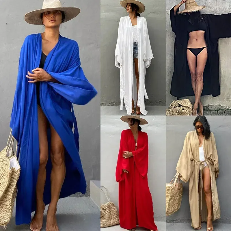 5 kleuren effen bikini cover-ups lange kimono sexy gordel zomer wikkeljurk vrouwen strandkleding cover-up vest robe de plage