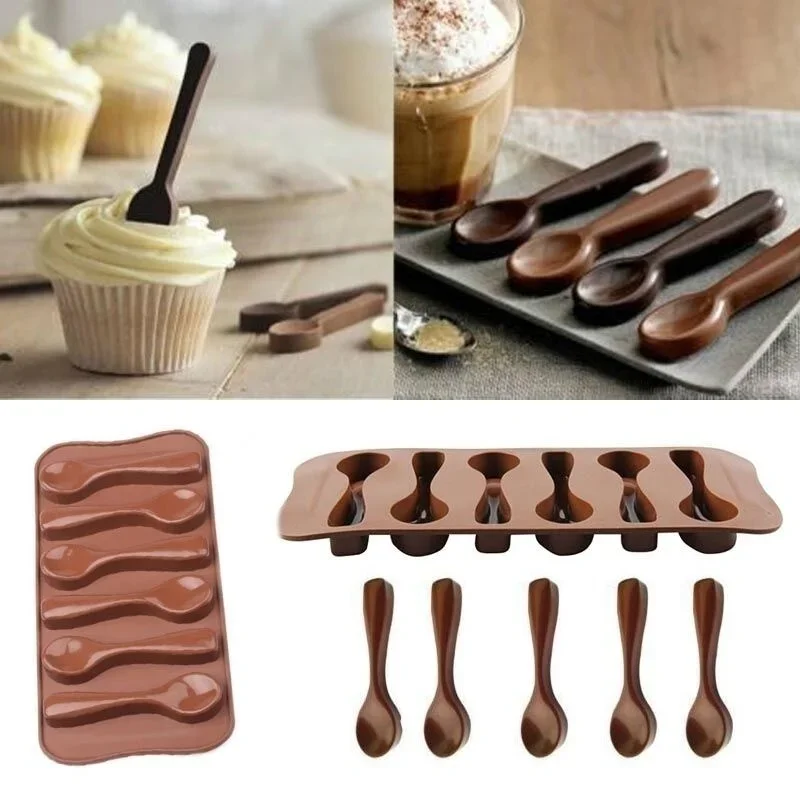 1pc 6 Holes Spoon Shape Chocolate Mold  Silicone DIY Biscuit Jelly Pudding Candy Ice Baking Tools Spoon Design Cake Mould