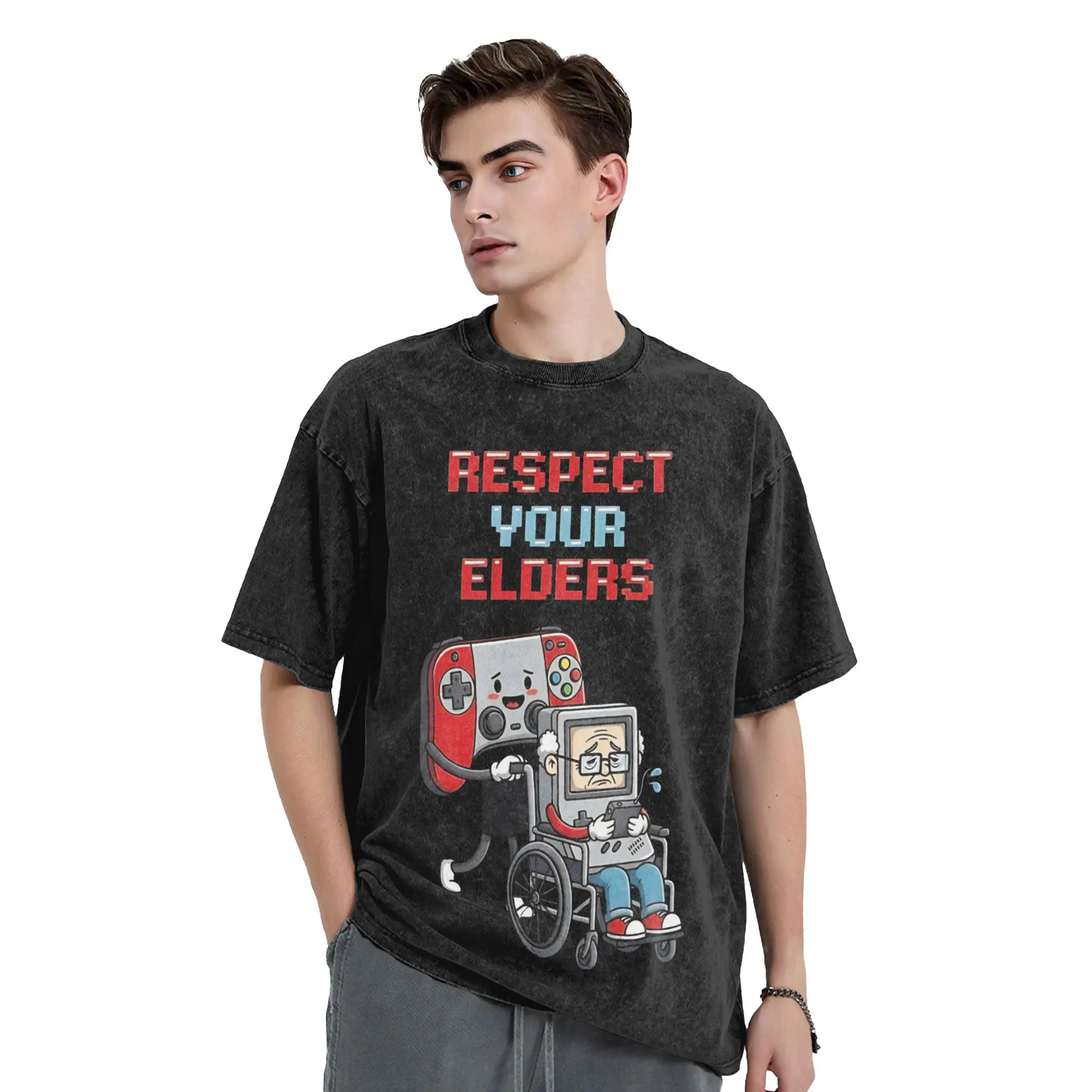 Respect Your Elders Retro Gaming Cartoon  Washed T Shirt Pure Cotton Casual T-Shirt Round Collar  Tees Short Sleeve Clothing