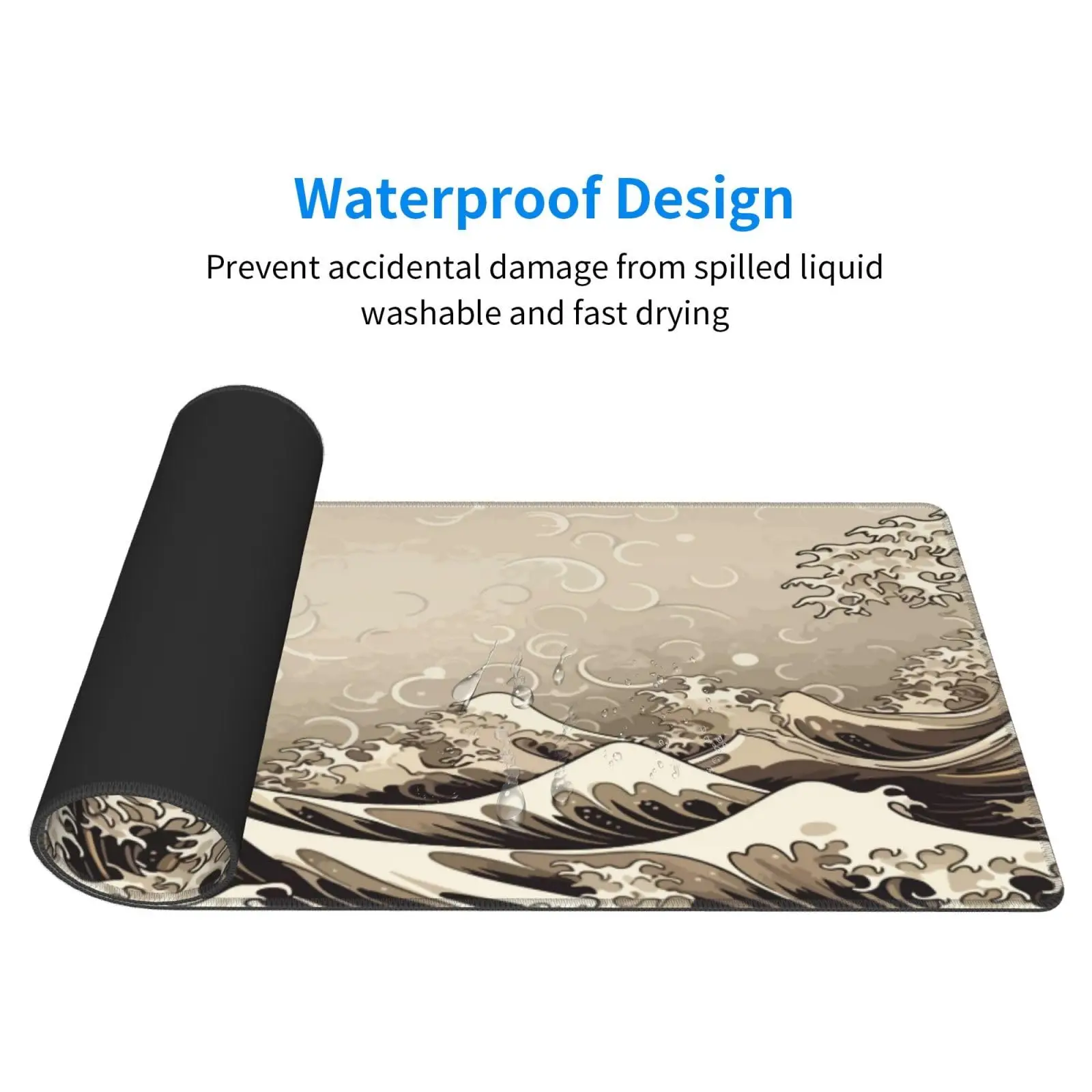 Golden Color Japan Japanese Kanagawa Sea Wave Gaming Mouse Pad XL Extended Large Keyboard Non-Slip Rubber Base for Home Office