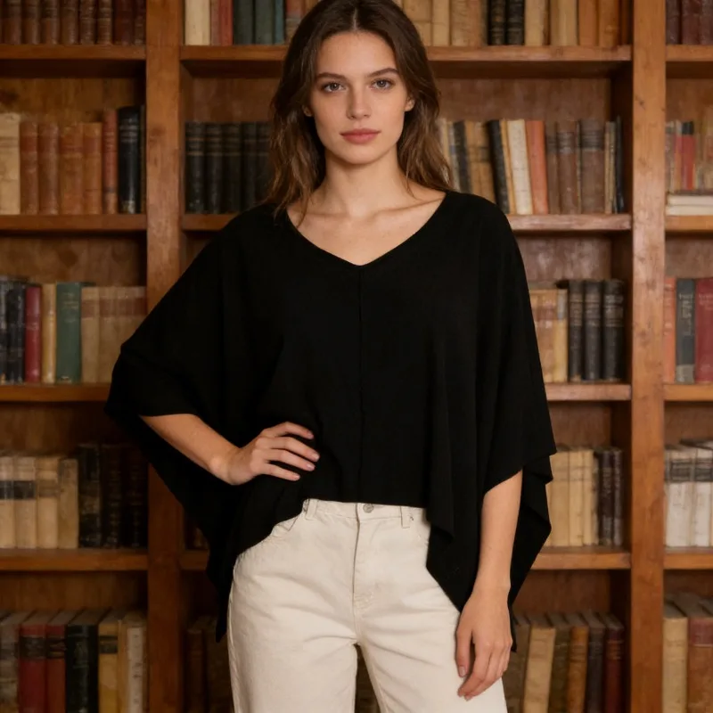 

Модная черная повседневная блузка свободного покроя с v-образным вырезом и шалью нестандартной формы, весенне-летние новые топы с летящими рукавами и открытым пупком для женщин