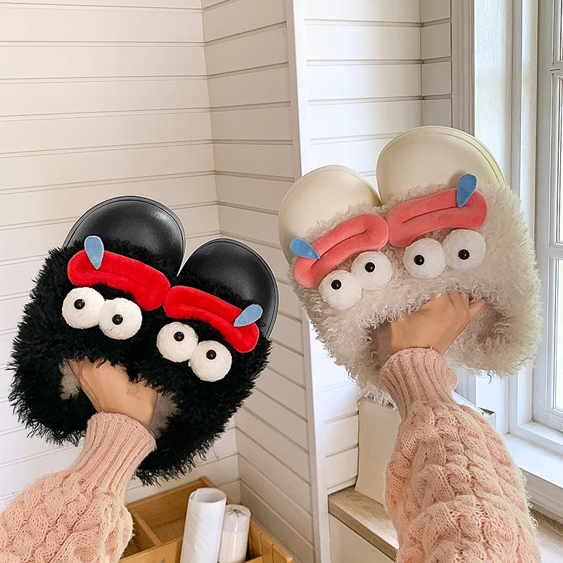 

Kawaii Big Eyes Plush Slippers Women Men Furry Warm House Shoes Anti-slip Thick Sole Cozy Indoor Cartoon Monster Slippers 2025 N