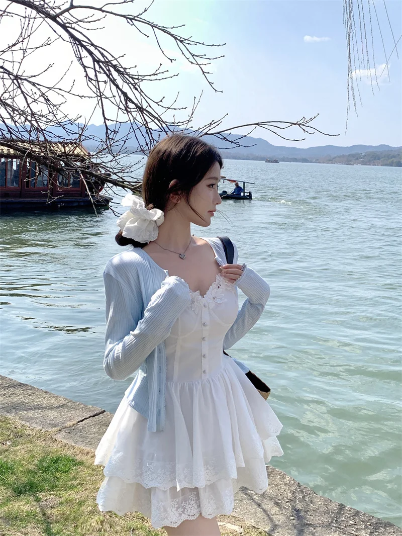 

Sweet Style Long Sleeve Open Cardigan Set Blue Anti-Aging Women's Summer Inner Strap Dress Two-Piece Set Korean Style Slim Fit