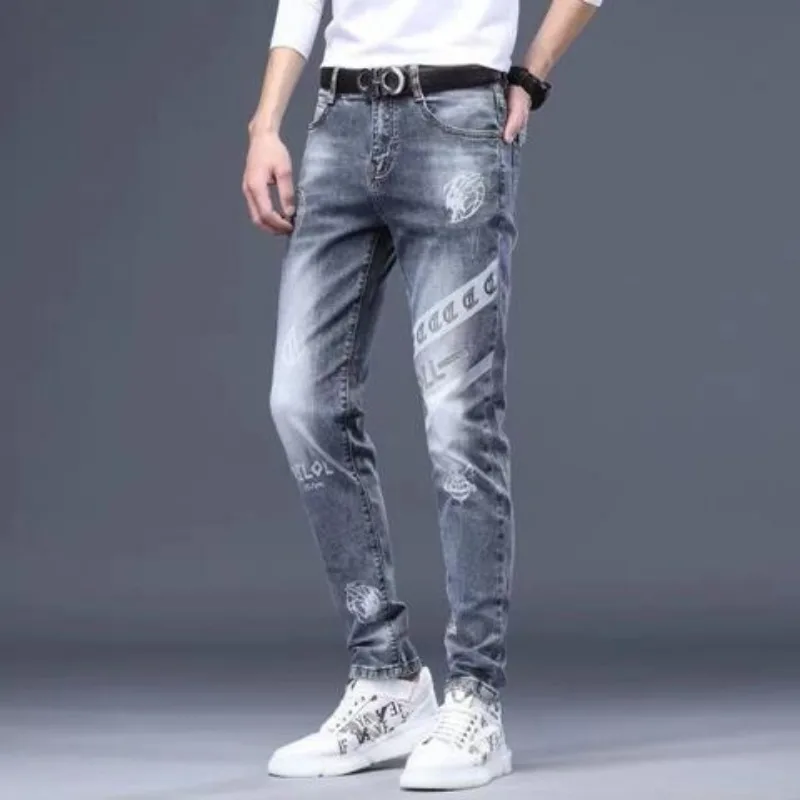 Fashion Jeans Men Luxury Floral Print Embellished Light-coloured Jeans for Men Spring Autumn Designer Classic Skinny Jeans Men