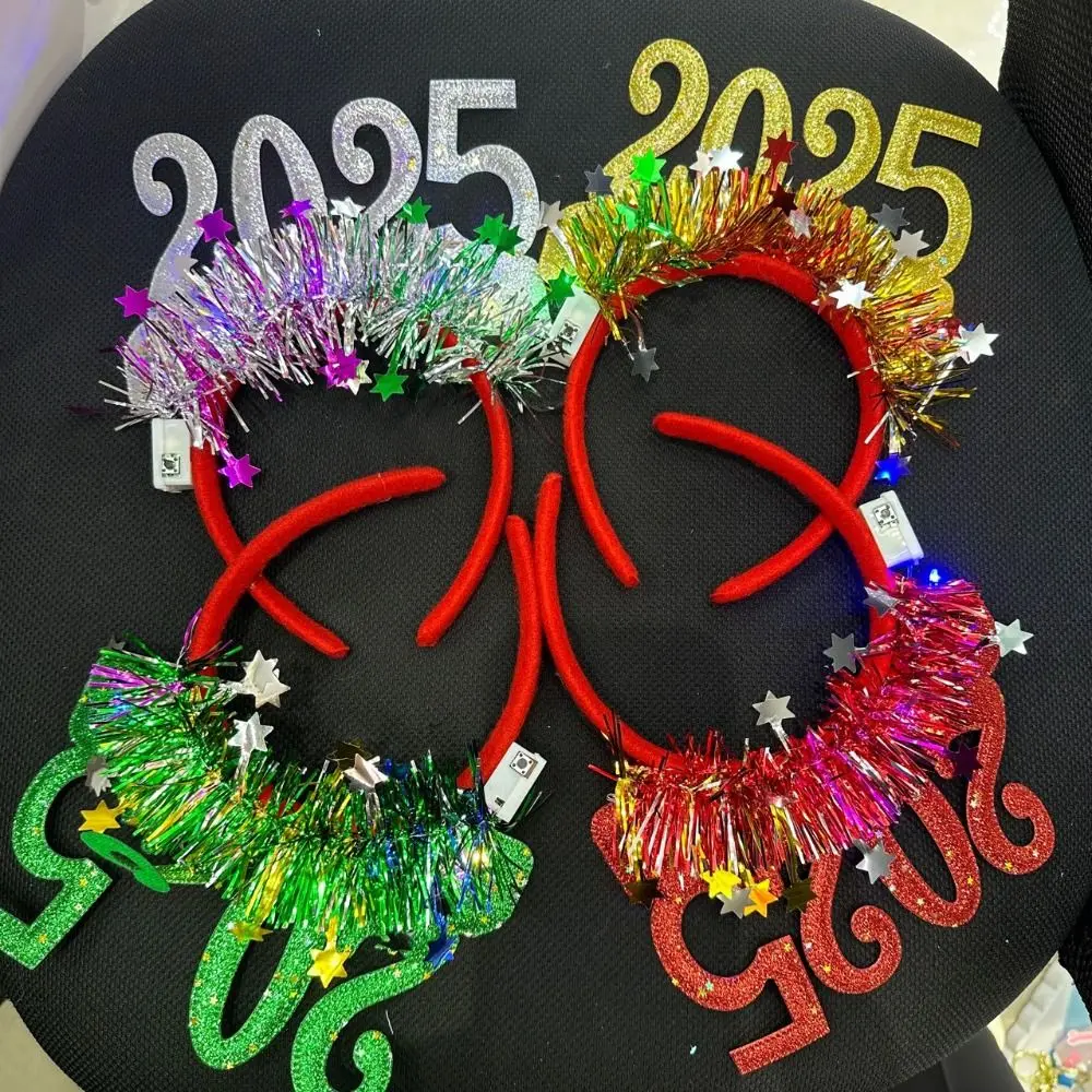 Sequin 2025 Happy New Year Headband Plastic Number Letter LED Glow Christmas Headpiece Masquerade Party Christmas Supplies