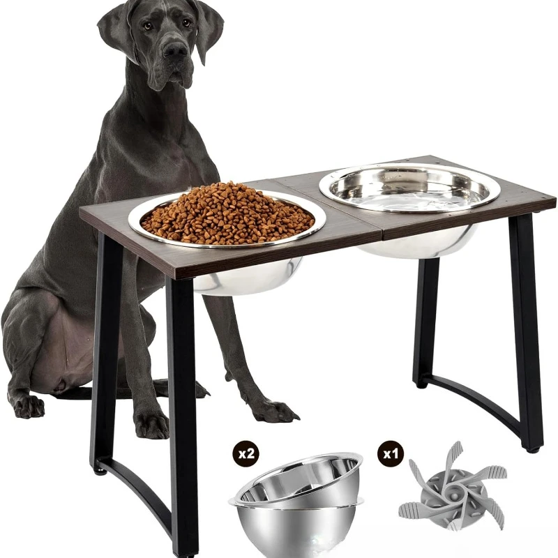 

Pet bowl holder can be folded to increase the height of the dog food holder bamboo wood double dog holder feeder