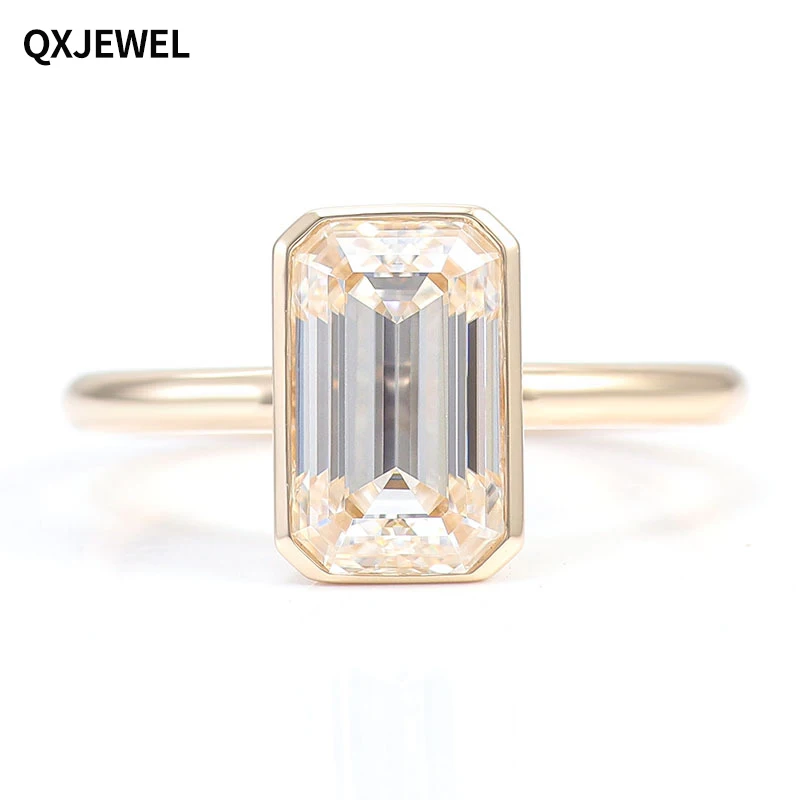 QXJEWEL Moissanite Vvs Emerald Cut Rings For Women 1-3CT Solitaire 18k Yellow Gold Band Jewelry With GRA Certificate