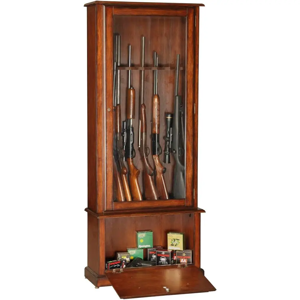

Secure Tempered Glass 8-Gun Cabinet with Lock and Ammunition Storage in Medium Brown