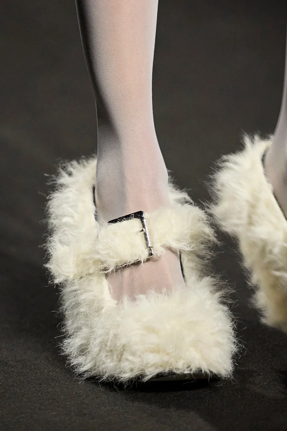 

White Faux Fur Round-Toe Mary Jane Heels Chunky Block Heel Bold Silver Buckle Simple Luxe Lady Shoes for Retro Evening Looks