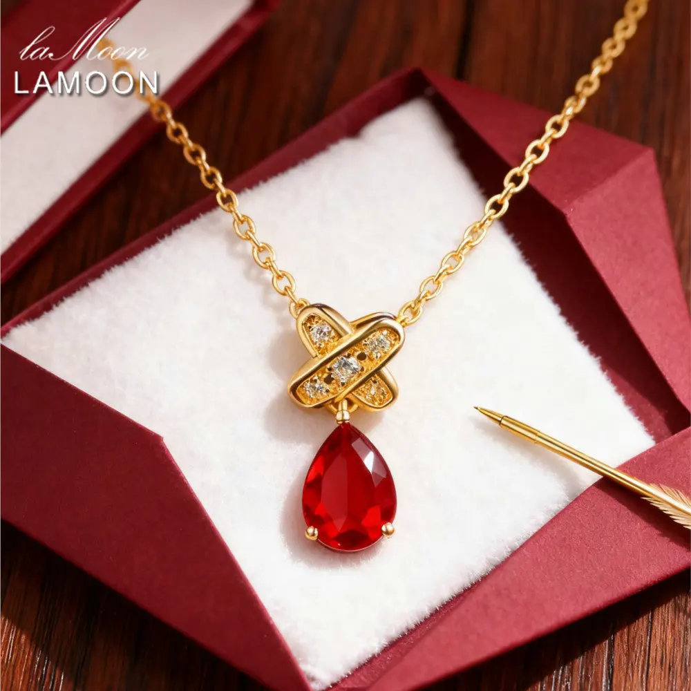 

LAMOON Natural Water Drop Ruby Gemstone Pendant Necklace For Women elegant 925 Sterling Silver Gold Plated Fine Jewelry Gift