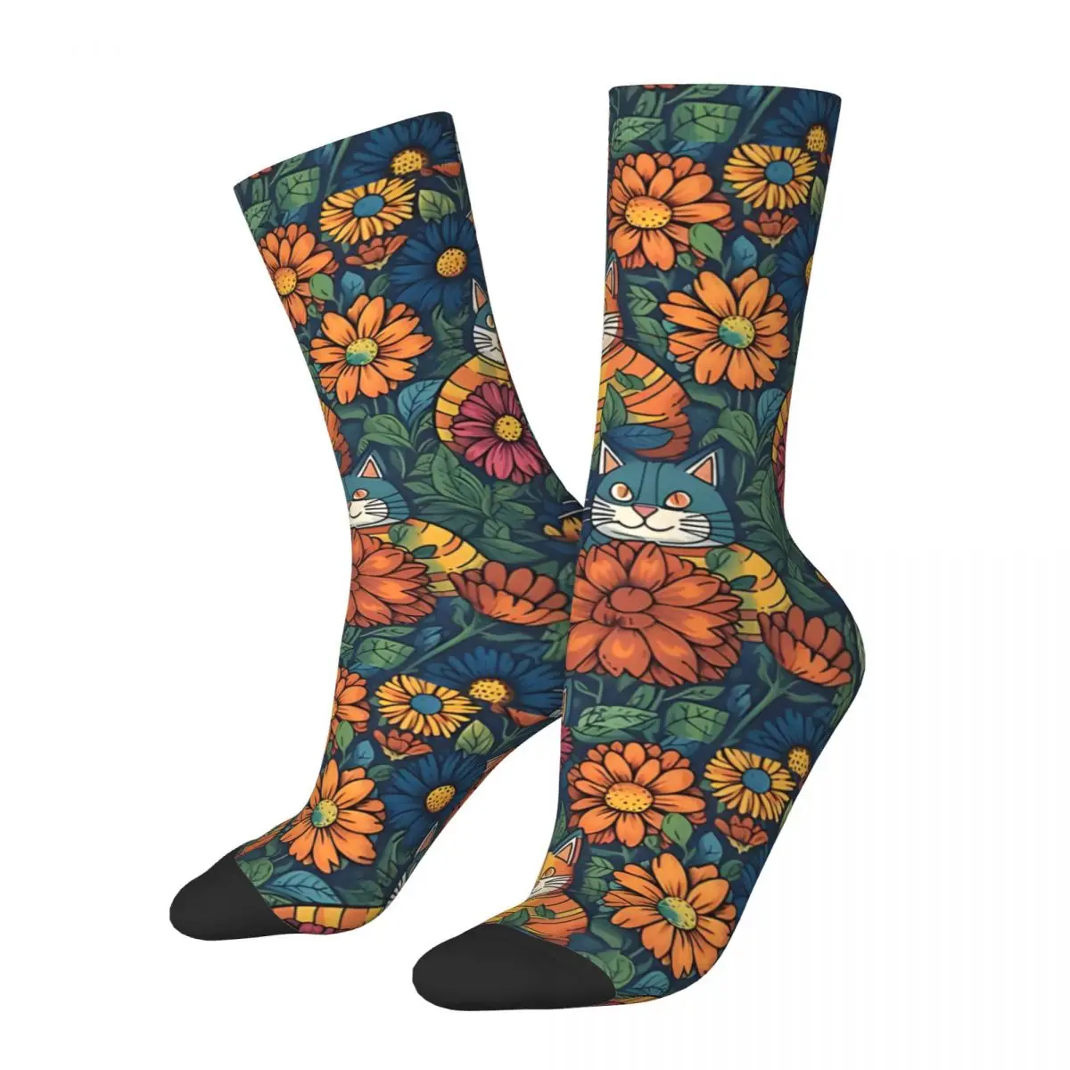 Vintage gatos padrão Floral meias de compressão do homens, Unisex Harajuku sem costura impressa novidade tripulação Sock, Retro, Vintage