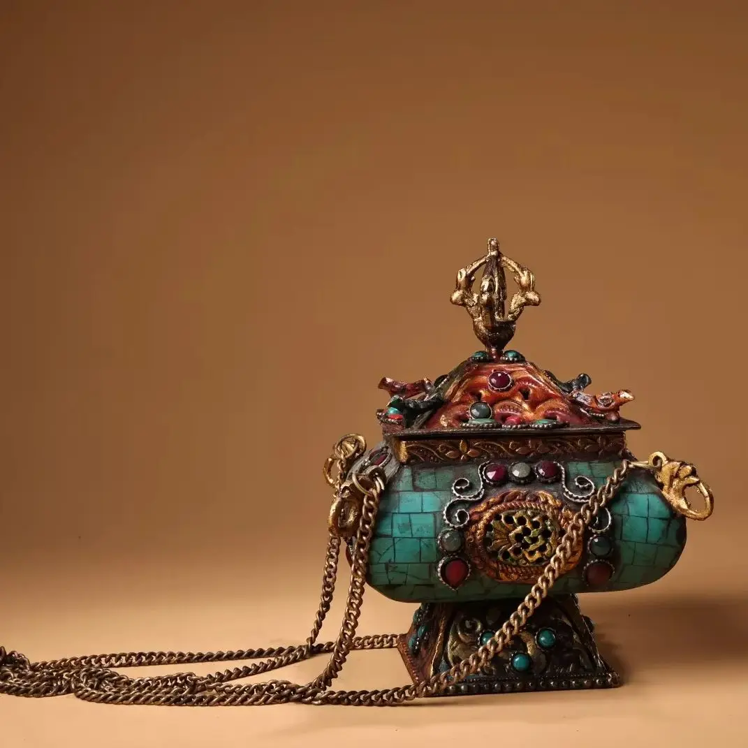 

7-дюймовая коллекция тибетского храма, старый бронзовый контур в золоте, мозаика, драгоценный камень, бирюза, божественный зверь, квадратная подвесная курильница Будды