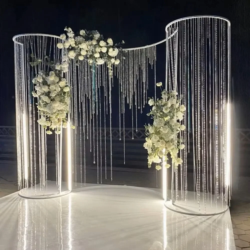 No light)curve shape metal acrylic bead backdrop Hollow Out  White Golden Metal Gate Door Stand Backdrop Wedding