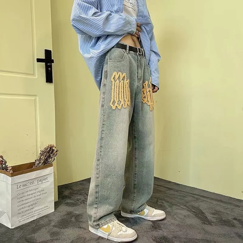ICCLEK Washed Jeans Men's Jeans Vintage Jeans Casual Jeans Loose Jeans Straight leg Jeans