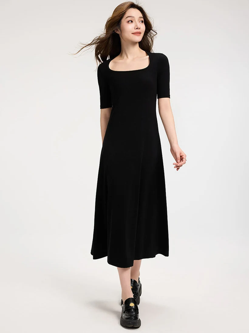 Slim Lyocell Cotton Tee Dress Short Sleeve Horseshoe Neck A Line Midi T Shirt Dresses