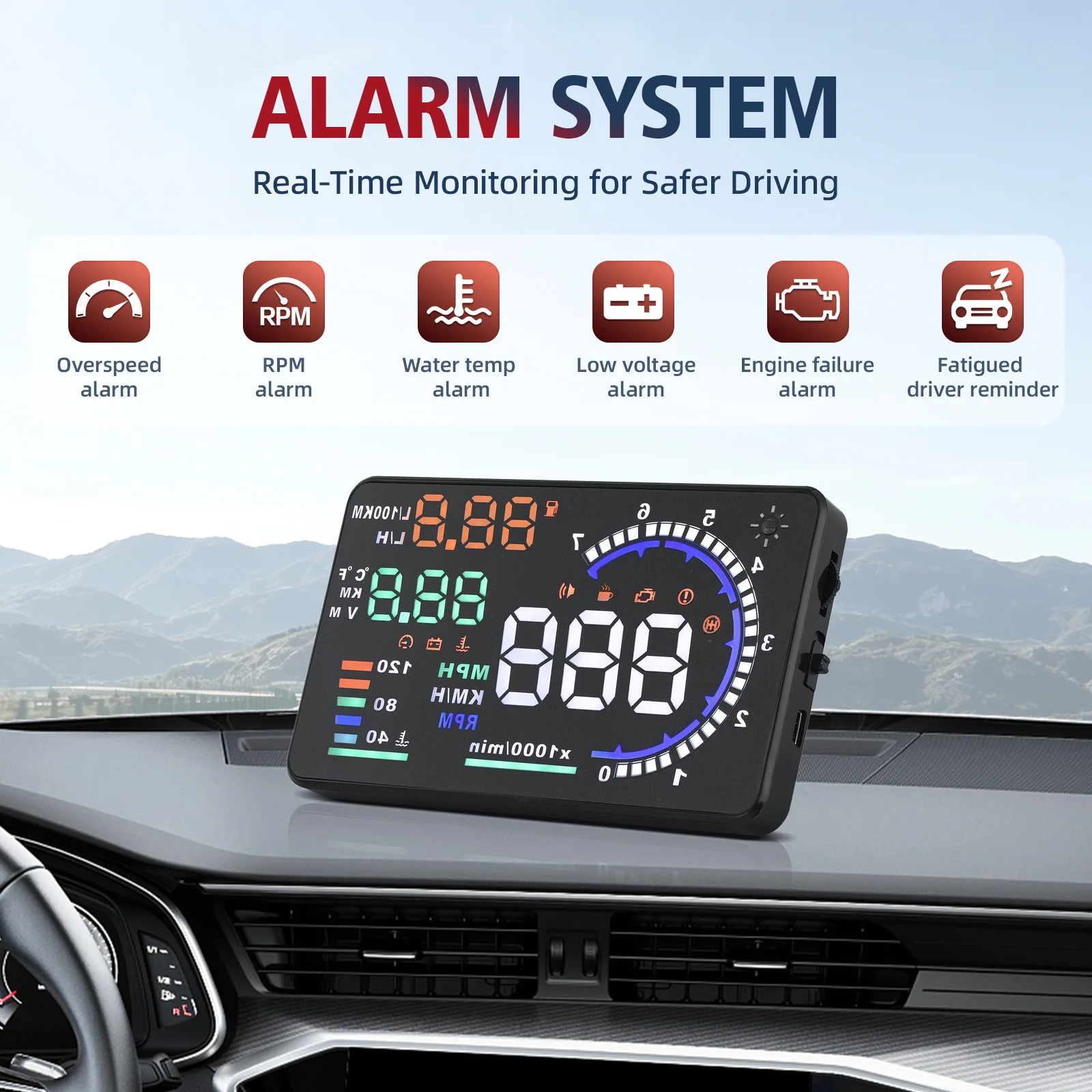 A8 HUD Gauge Car Multi-function Accessory OBD2 Display Car Digital Speedometer Tacho Clock Oil Temperature Meter Head-up Display