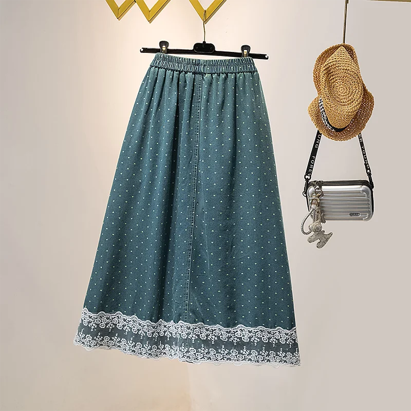 Loose Plus Size Women's Clothes for 2025 Spring Summer Casual Denim Skirts Lace Patchwork Jeans Lady Skirts Female Bottom KN1561