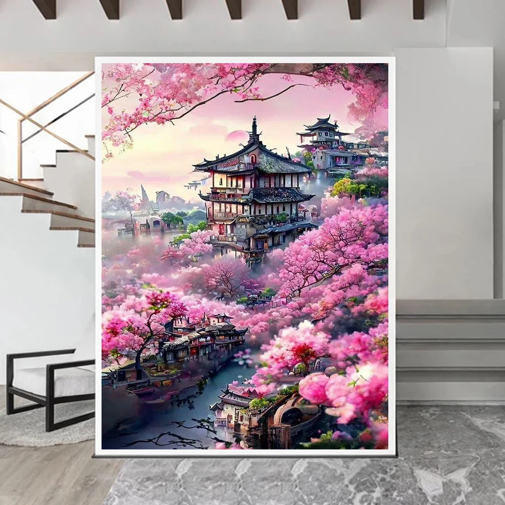 

Cherry Blossom Ancient Town Landsacpe Poster Prints For Living Room Home Decor Vintage Pavilions Canvas Painting Wall Art