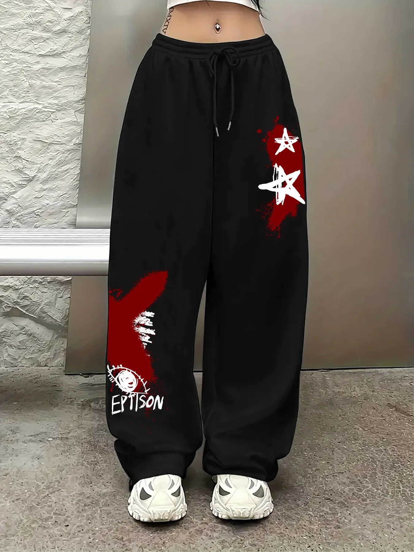 

Женские осенние и зимние свободные прямые флисовые спортивные штаны больших размеров со звездным принтом, уличная одежда с эластичным поясом, универсальная