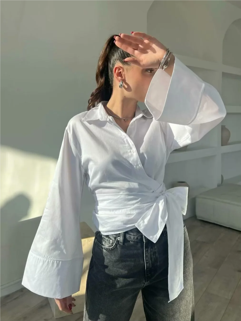 Long Sleeve Kimono Blouses With Bow Tie Black Casual Polo Neck Blouse Woman Front Button Up Double Breasted Poplin Shirts White