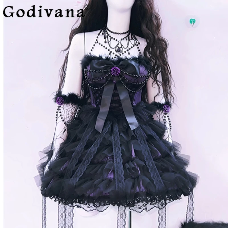 

Two Dimensional Game Costume Dress Women's Original Lolita Purple Black Dress Female Tube Puff Dress Set with Glove Necklace