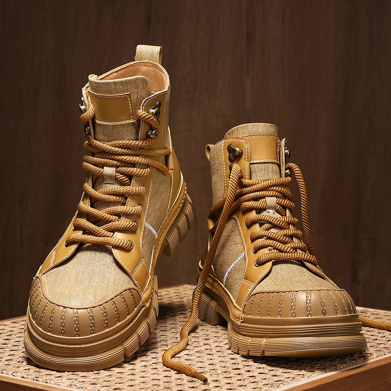 

Personalized Fashionable Men High Top Boots for Autumn Winter Spliced Elevated Casual Comfortable Motorcycle Boots