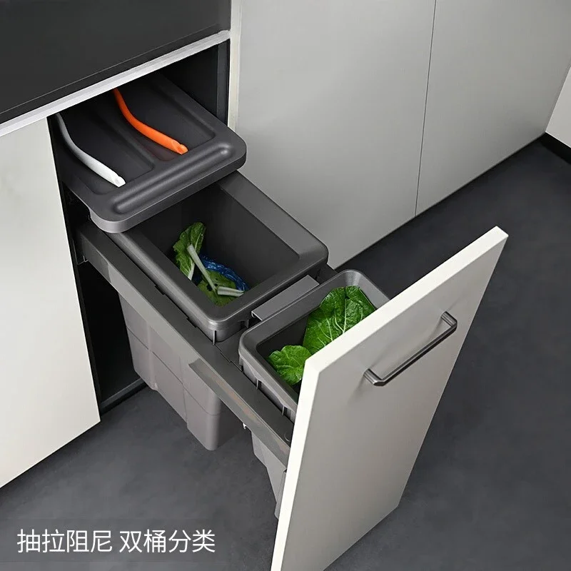 Kitchen cabinet embedded trash can embedded type with lid concealed invisible built-in double bucket classification resistance d