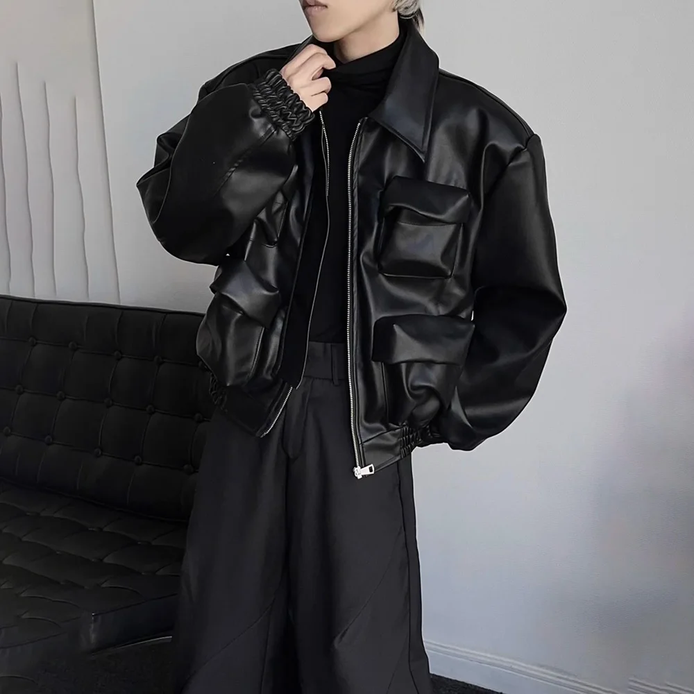 Y2K Mens PU Leather Jacket Pocket Motorcycle Coat Spring Casual Gothic High Street Dark Silhouette Top Men\'s Wear Unisex 2025
