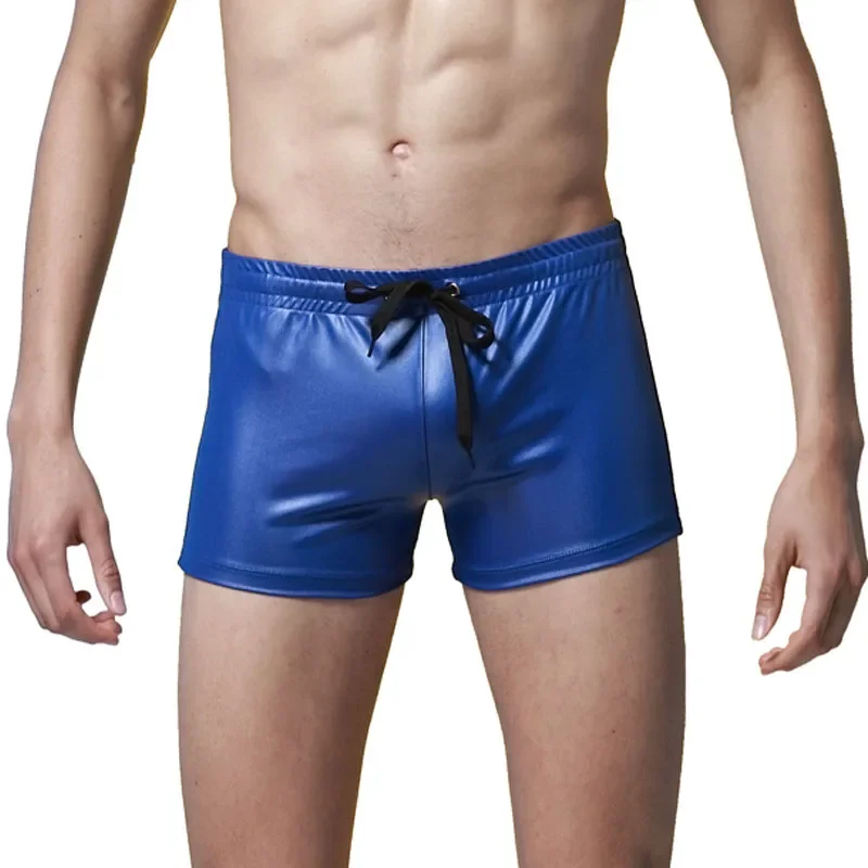 Gay Mens Swimwear Imitation Leather Swim Trunk Boxer Beach Shorts Underwear Bikini Swimsuit Swimming Surfing Bathing Suit