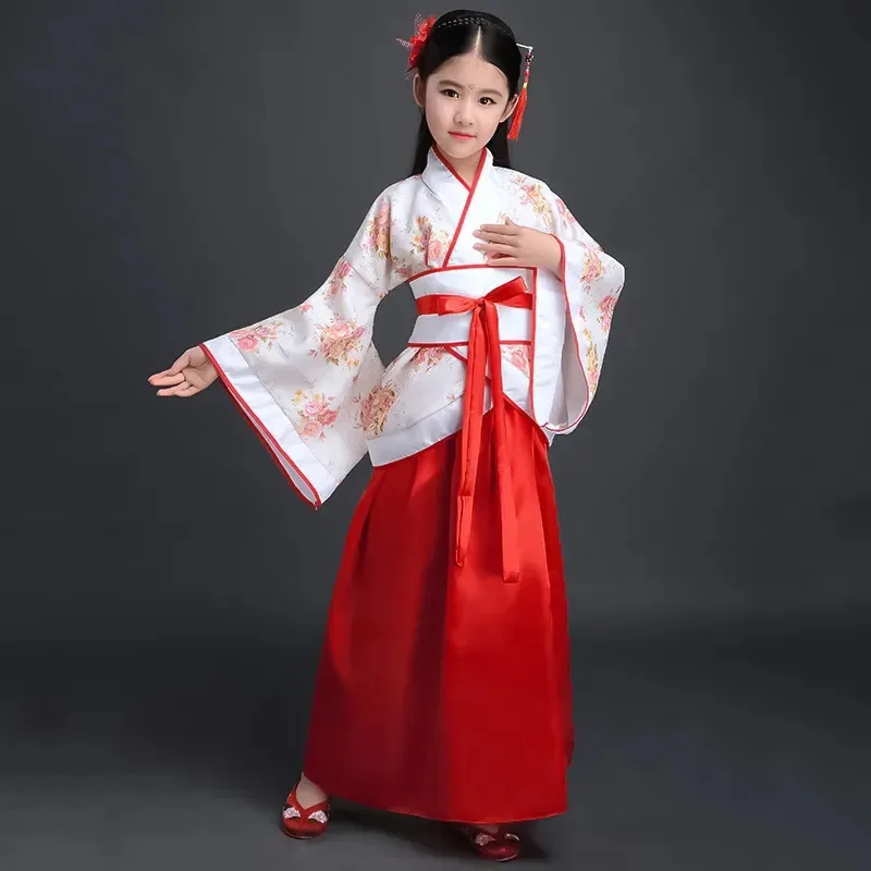 dd12Chinese silk robe Girls Children Kimono China Traditional Vintage Ethnic Fan Students Chorus Dance Costume Hanfu