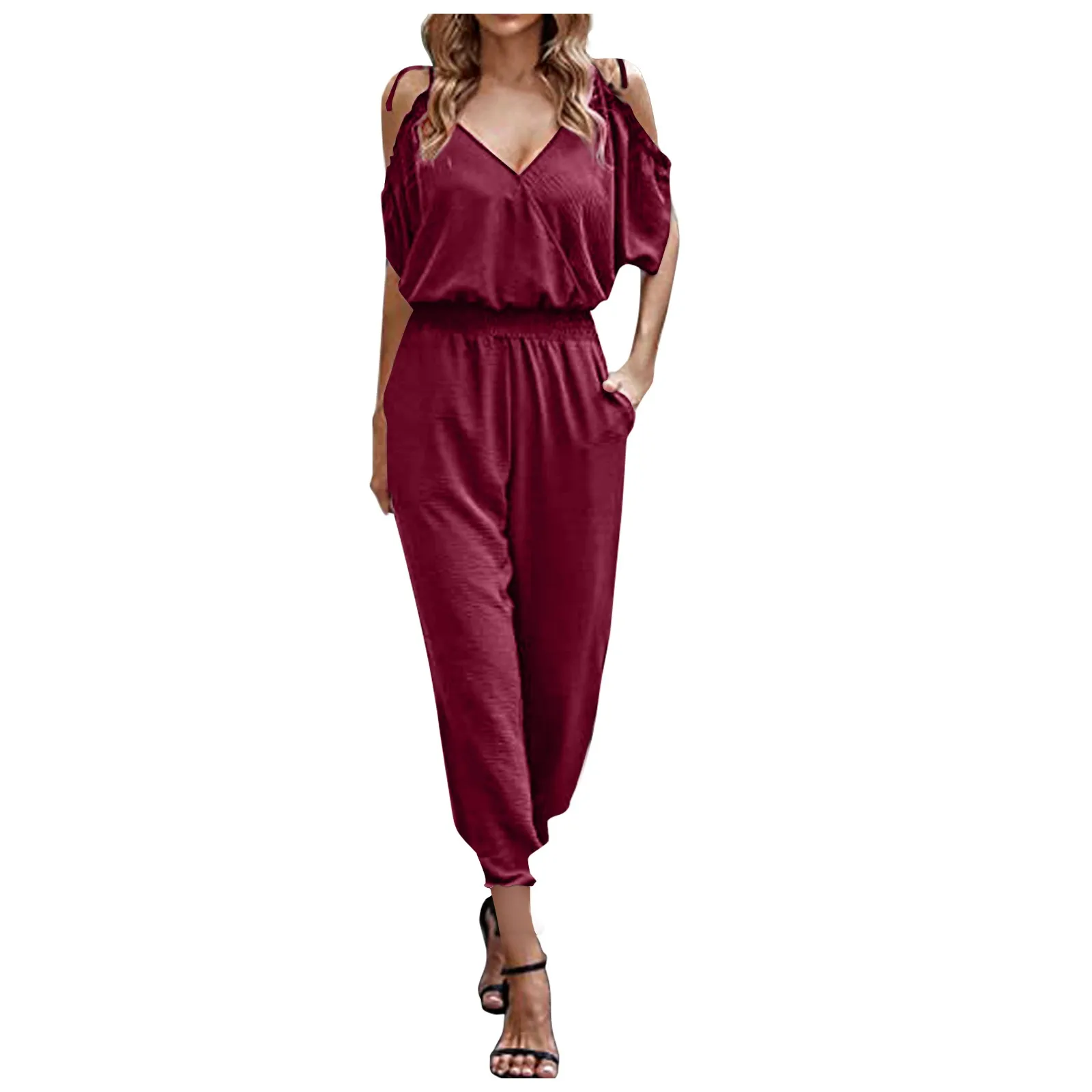 

V-neck Strapless Ruffle Jumpsuits Summer Fashion Printed for Women Sexy Beach Style Suspender Solid Rompers Womens Jumpsuit