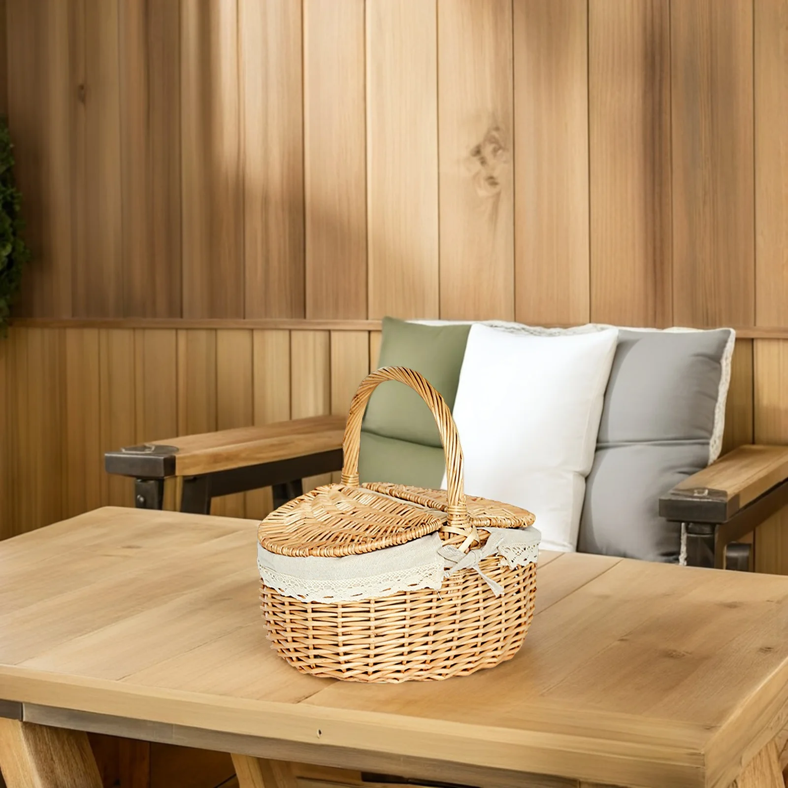 

Portable Hand-Woven Wicker Storage Basket with Lid Perfect for Picnic Fruit Vegetable Bread Organizer Decorative Outdoor Indoor