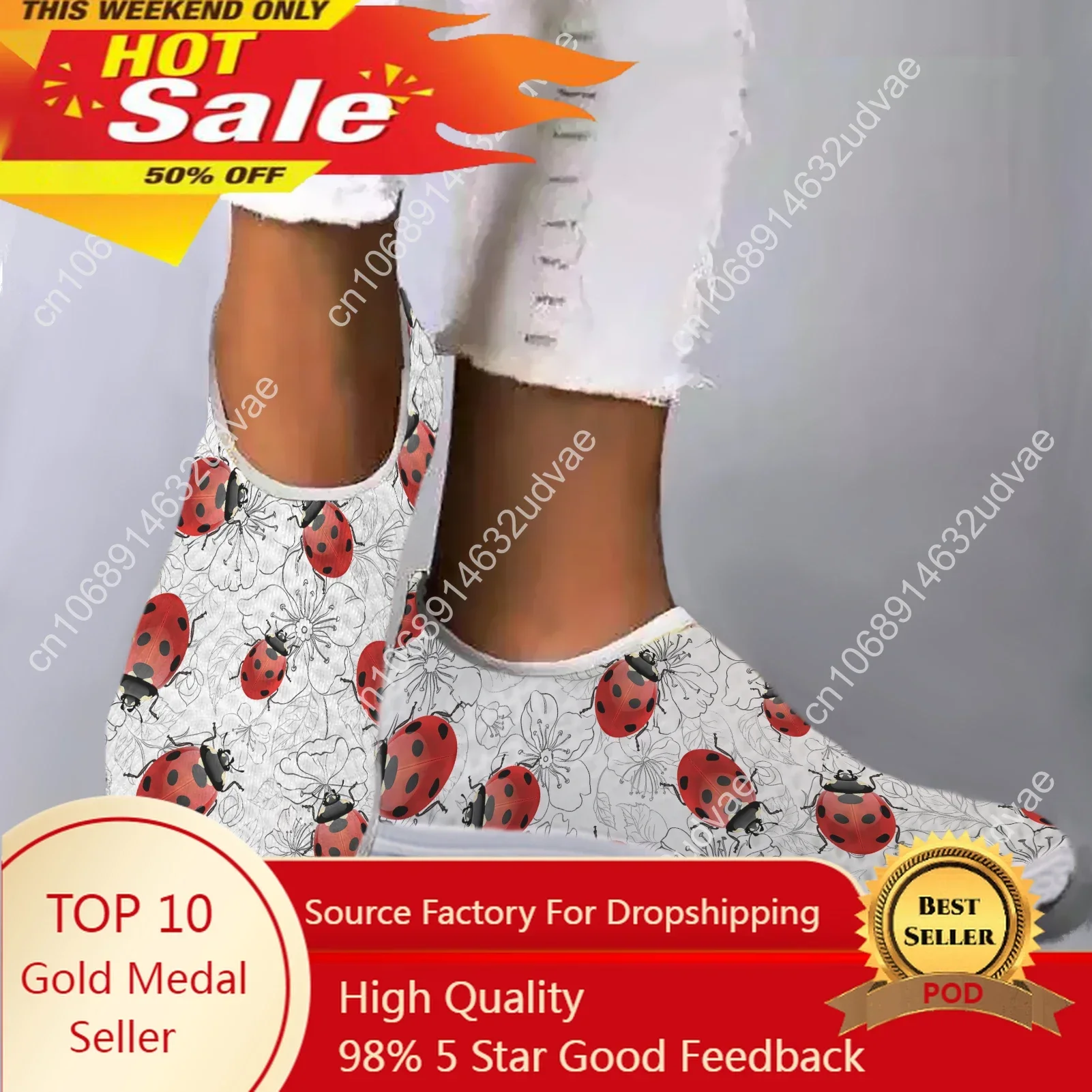 White Lightweight Seven Star Ladybug Pattern Design Mesh Sneakers Comfort Slip On Shoes Soft Leisure Shoes Zapatos