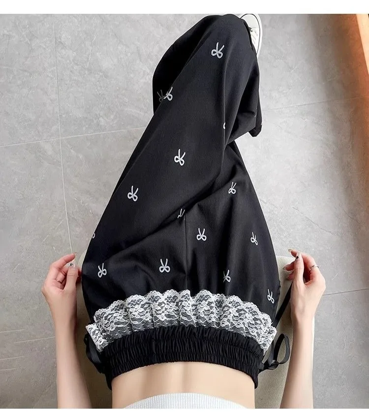 Süße und würzige Mädchenhose mit Spitzenbesatz, lässige Hose mit Schmetterlings-Schleife, lockere Damen-Hose mit weitem Bein, gerade geschnittene Hose – Detail 7