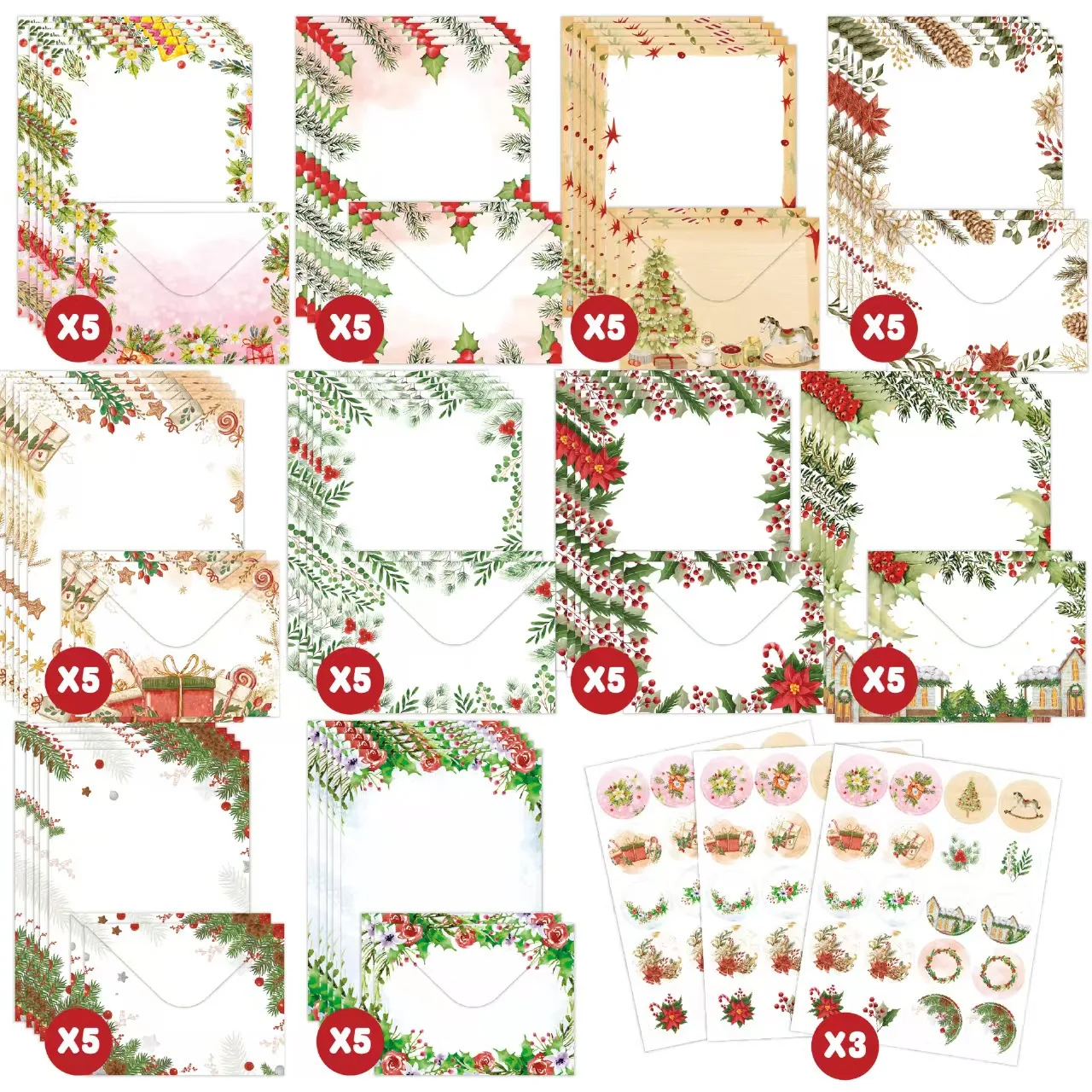 مجموعة قرطاسية عيد الميلاد الجديدة مكونة من 160 قطعة مع مغلفات وملصقات، 50 ورقة كتابة، 50 ظرفًا متطابقًا، 60 ملصقًا للختم