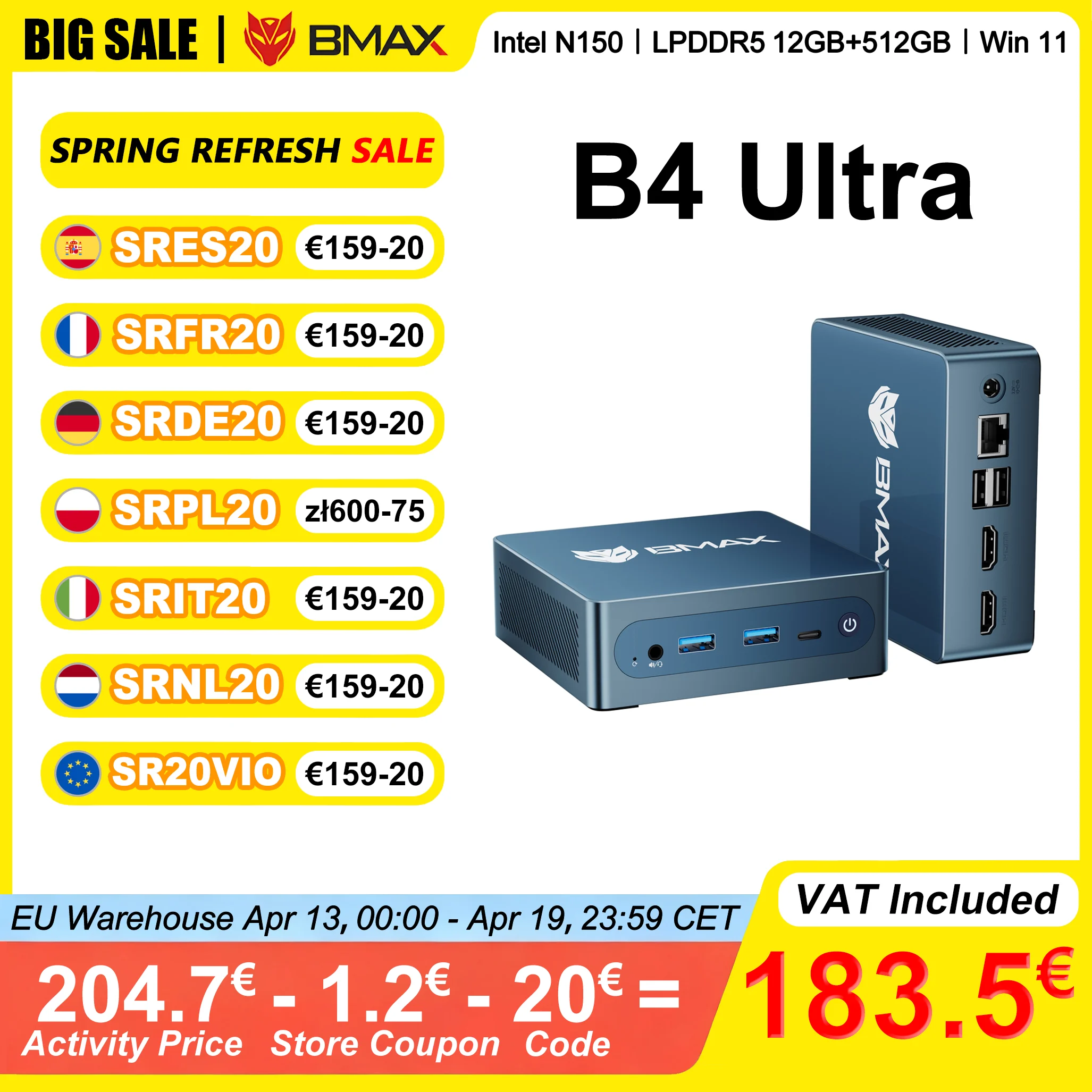 BMAX B4 Ultra Mini-PC LPDDR5 12GB RAM 512GB ROM Intel N150 Windows 11 PC 1 * Type-C 2 * HDMI Unterstützt Intel-Grafik 1000MHz