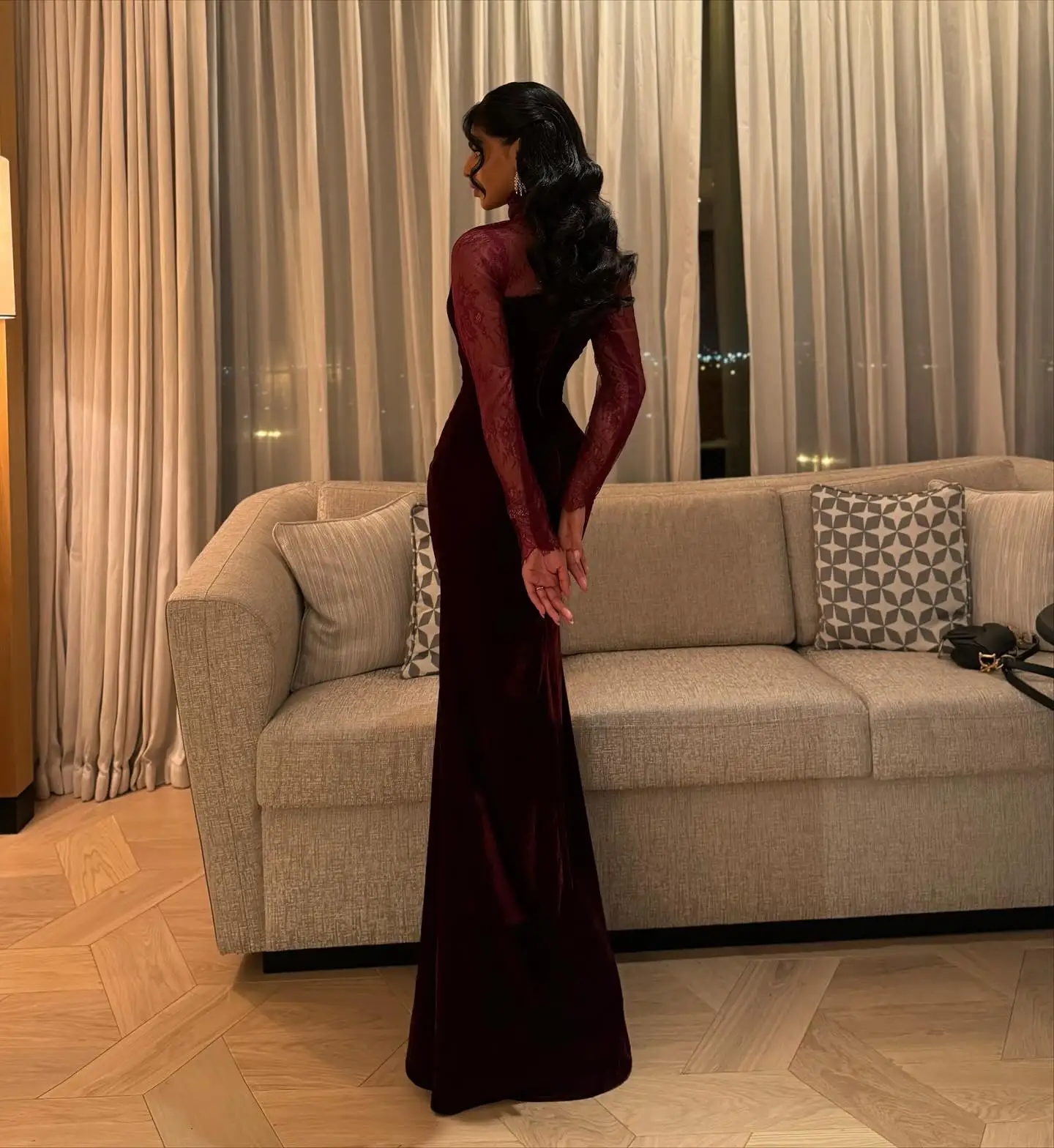 Adeli-vestido de fiesta de sirena Borgoña personalizado, vestido de noche de fiesta con cuello alto de encaje para mujer y vestidos para ocasiones formales hasta el suelo