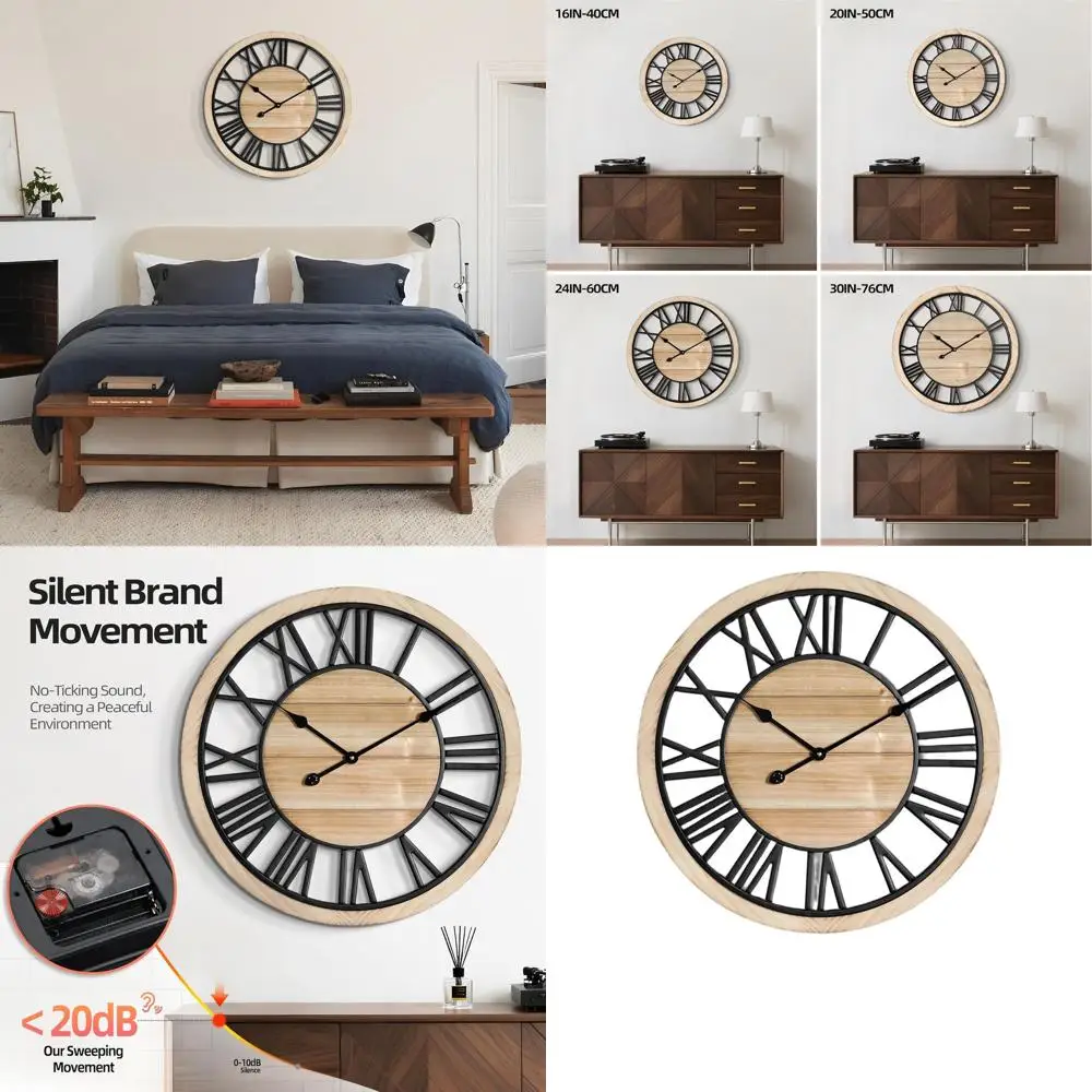 

24 Inch Rustic Wooden Silent Wall Clock with Black Frame, Vintage Farmhouse Style for Home Decor