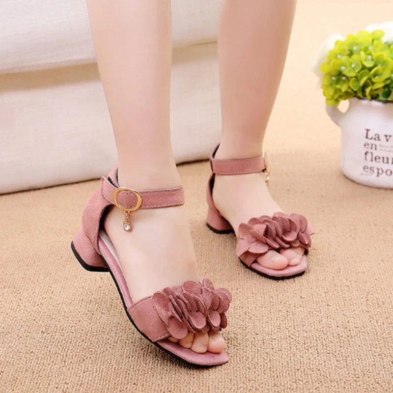 Children Princess Shoes for Wedding Party Summer Chic Girls Causal Flower Sandals Fashion Open-toe Kids Low-heels Dress Sandals