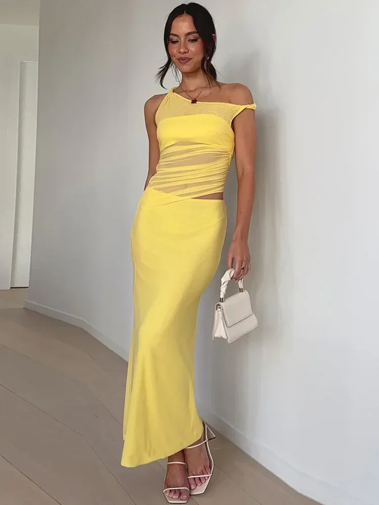 Chaxiaoa Diagonale Kraag Backless Sexy Maxi Jurk Vrouwen Jurk Zomer Nieuwe Mouwloze Sheer Mesh Hol Elegante Lange Jurk