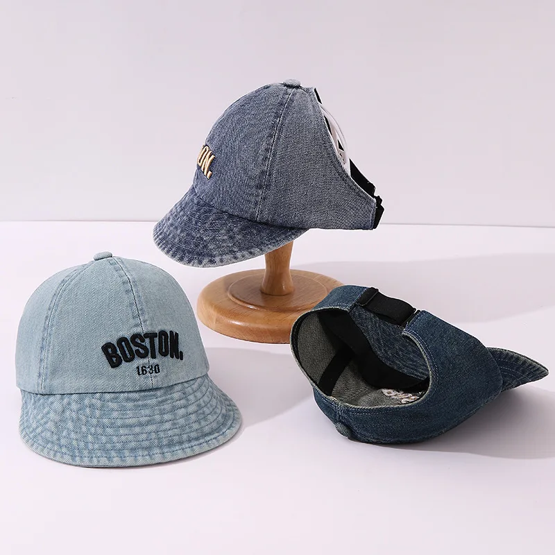 

Large Brim Duck Tongue Hat Blue Denim Baby Peaked Hats Fashion Letter Children Cowboy Cap 3-8Year Kids Sunshade Duckbill Caps