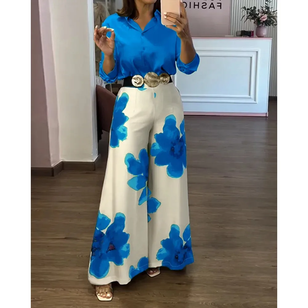 طقم سراويل نسائية مكونة من قطعتين بأكمام طويلة وبلوزة من الساتان بأكمام طويلة وسراويل واسعة الساق بطبعة زهور عالية الخصر