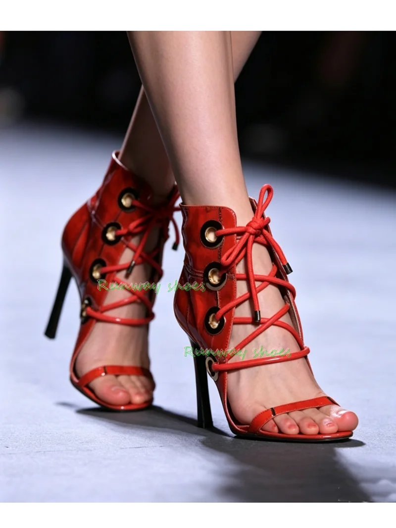 Red Patent Leather Instep Hollow Out Lace  Heels Sandals Open Toes Ankle Girdle Rome Sandals Dinner Women's Shoes Fashion Shoes view 6