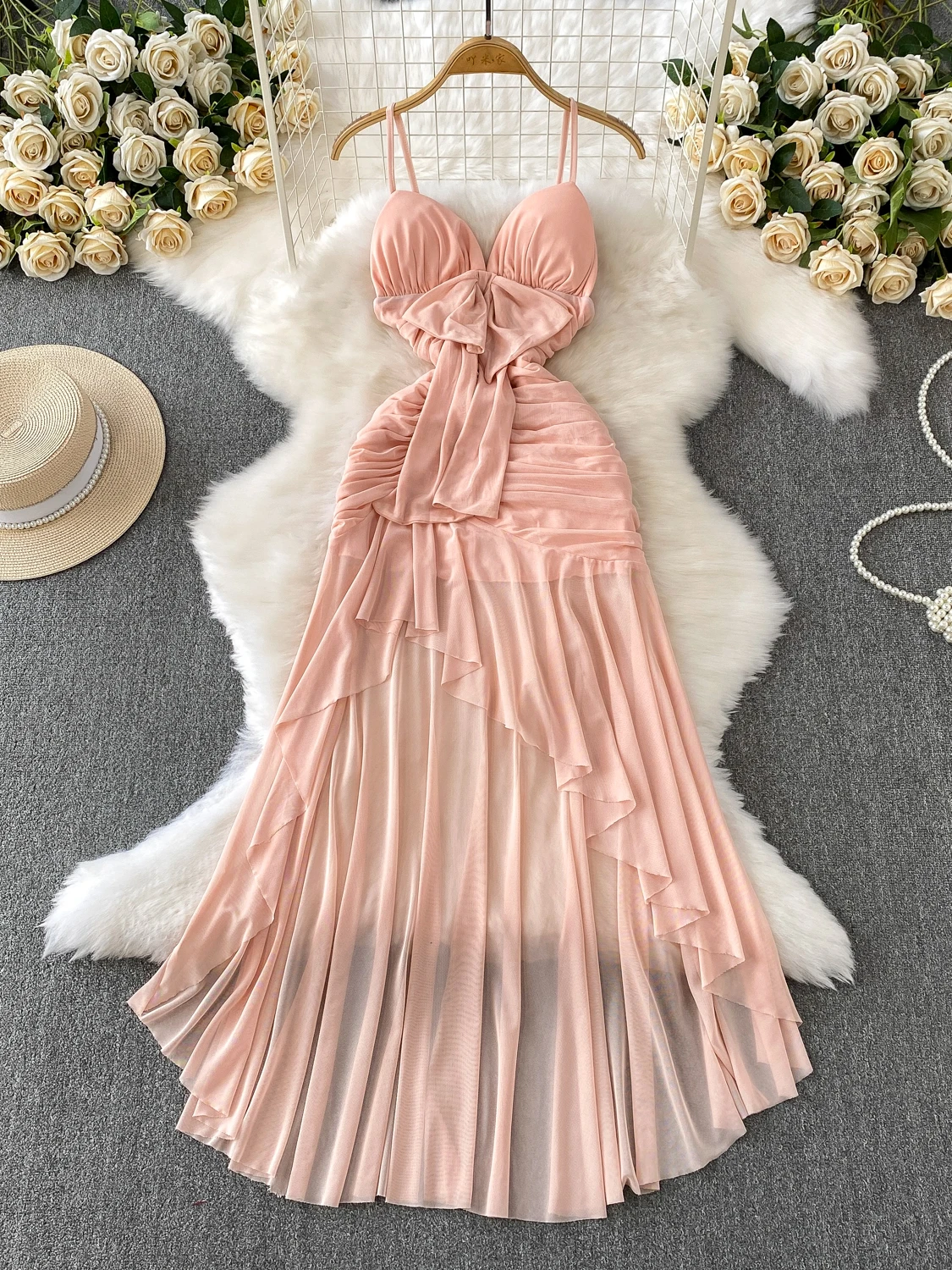 Ele Wind V-ne Band Dr Vrouwen Zomer Geplooide Me Afslanken Asymmetrische Lange Dr Koreaanse Sle Hoge Taille A-lijn Rok