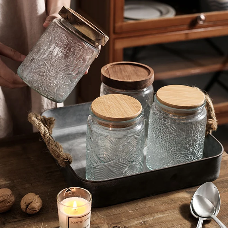 Vintage Embossed Glass Storage Jar with Wooden Lid Retro Clover Pattern Airtight Glass Canister Kitchen Food Container for