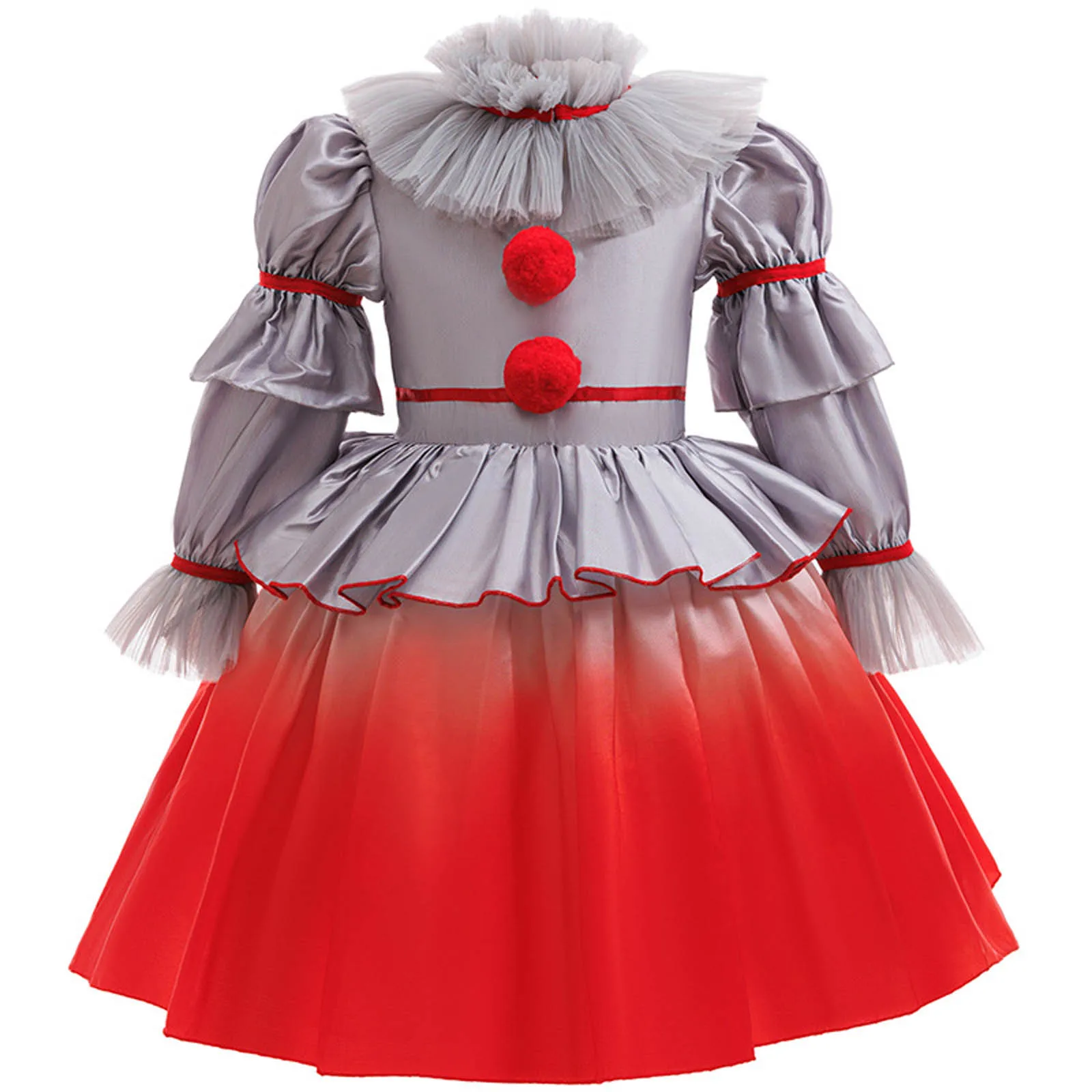 

Girls Halloween Gray Clown Creepy Joker Cosplay Costume Long Sleeve Bobbles Layered Ruffled Dress Gown for Carnival Theme Party