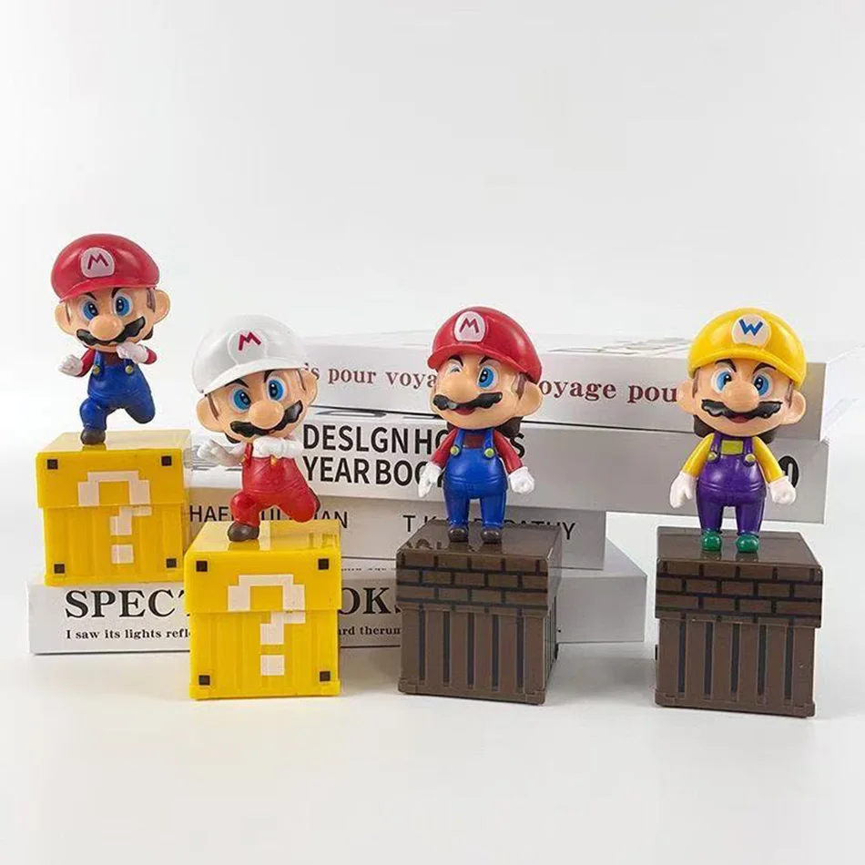Nuevas Figuras de Acción de Super Mario Bros, Lindas, 4 Piezas/Juego, Juguetes de Mario y Wario con Bloques de Preguntas, Regalo de Cumpleaños para Niños