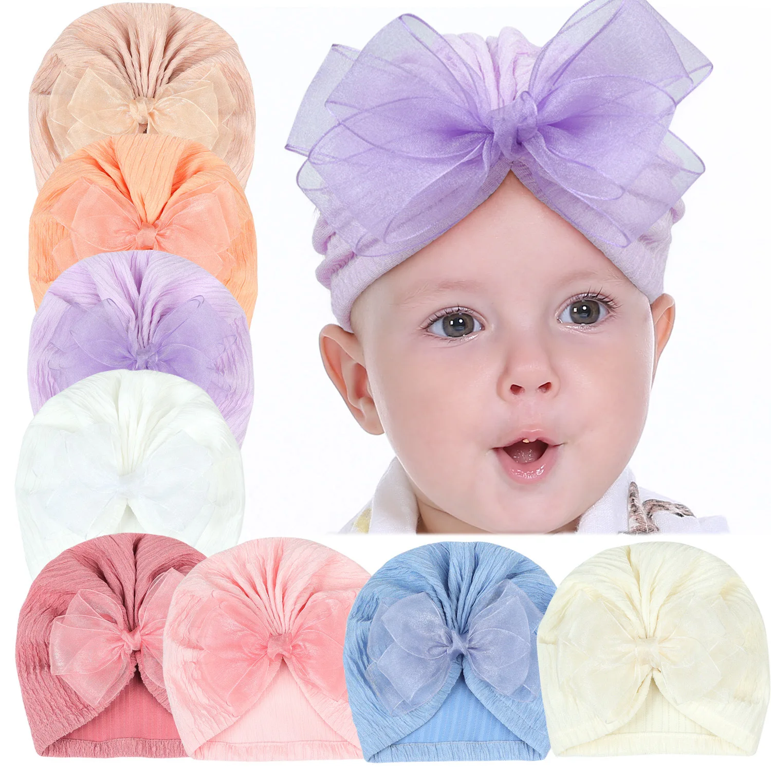عمامة قطنية مضلعة مع قوس دانتيل للطفل ، أغطية رأس للطفل الصغير ، قبعة هندية للأطفال ، قبعات قبعة صغيرة محبوكة للفتيات والفتيان