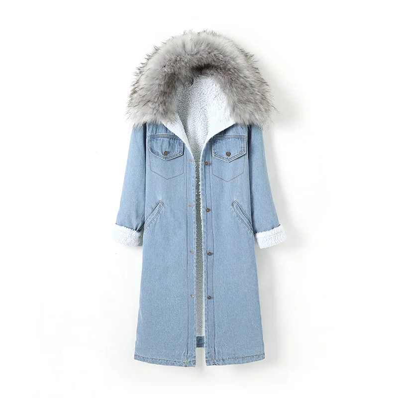 

Lamb Wool Cotton Denim Coat With Furry Collar Thickened Length Jean Jacket Cashmere Loose Coat For Women Autumn Winter New