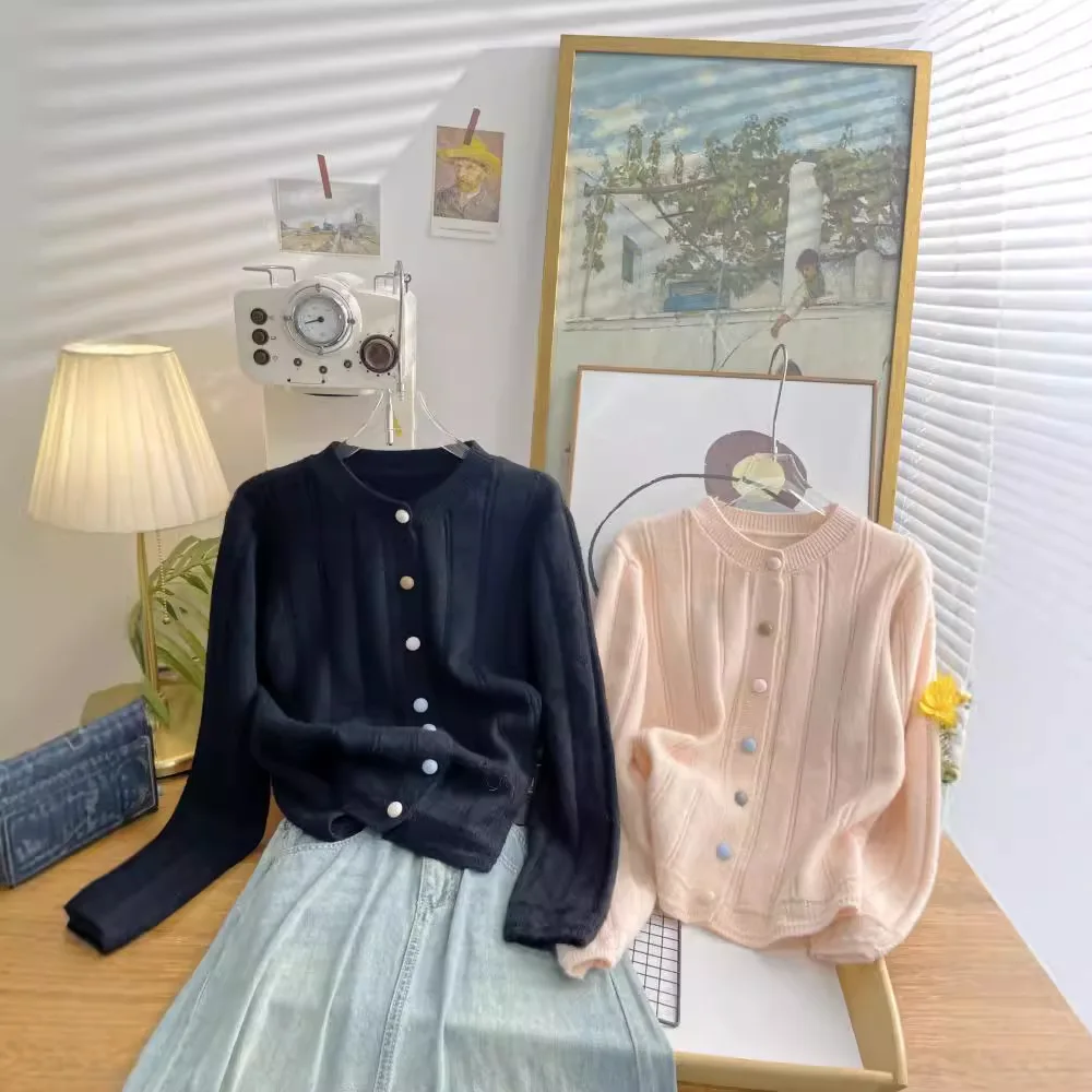 

Женская одежда, милый, нежный и простой вязаный кардиган с круглым вырезом, женский осенне-зимний новый топ с микропятствиями